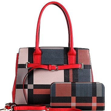 CHECKERED BUCKLE ACCENT TOTE WALLET SET