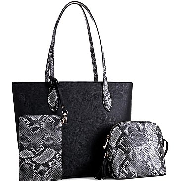 3 IN 1 SNAKE TRIM TOTE CROSS BODY & WRISTLET SET