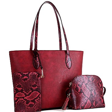 3 IN 1 SNAKE TRIM TOTE CROSS BODY & WRISTLET SET