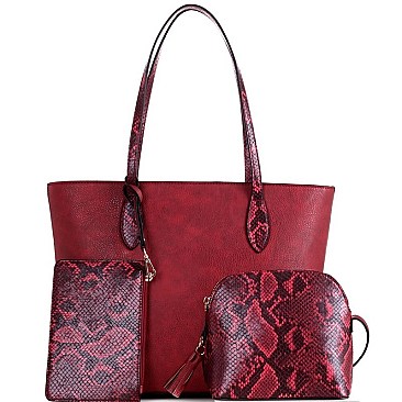 3 IN 1 SNAKE TRIM TOTE CROSS BODY & WRISTLET SET