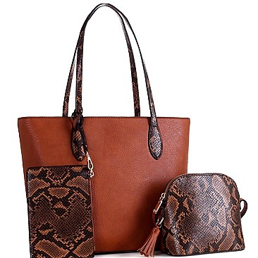 3 IN 1 SNAKE TRIM TOTE CROSS BODY & WRISTLET SET