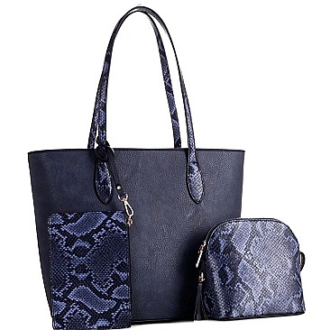 3 IN 1 SNAKE TRIM TOTE CROSS BODY & WRISTLET SET