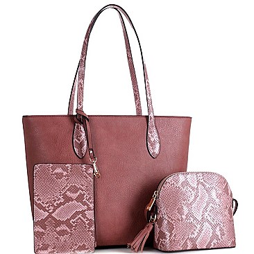 3 IN 1 SNAKE TRIM TOTE CROSS BODY & WRISTLET SET