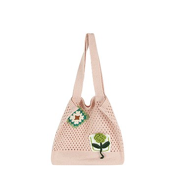 Floral Patch Knit Shoulder Bag Tote
