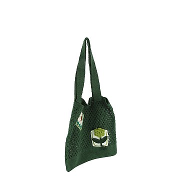 Floral Patch Knit Shoulder Bag Tote