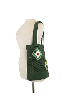 Floral Patch Knit Shoulder Bag Tote