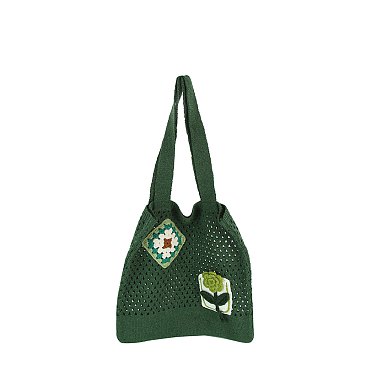 Floral Patch Knit Shoulder Bag Tote