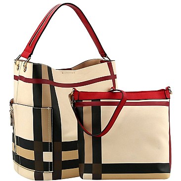 TALL CHECKERED SIDE POCKET ACCENT HOBO BAG
