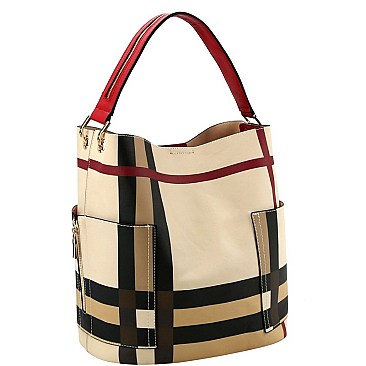TALL CHECKERED SIDE POCKET ACCENT HOBO BAG