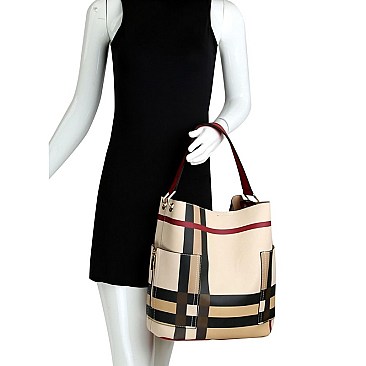 TALL CHECKERED SIDE POCKET ACCENT HOBO BAG