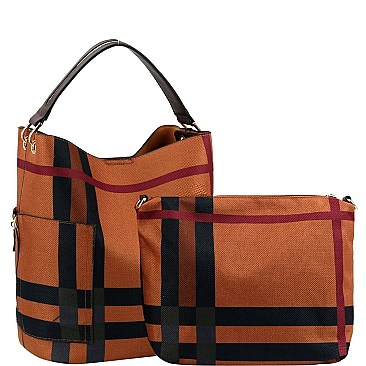 2 in 1 Checker Plaid Print Linen Side Pocket Hobo