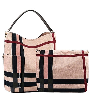 2 in 1 Checker Plaid Print Linen Side Pocket Hobo