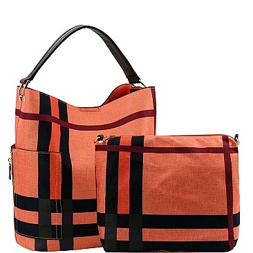2 in 1 Checker Plaid Print Linen Side Pocket Hobo