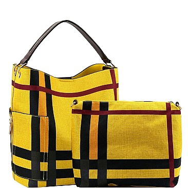 2 in 1 Checker Plaid Print Linen Side Pocket Hobo