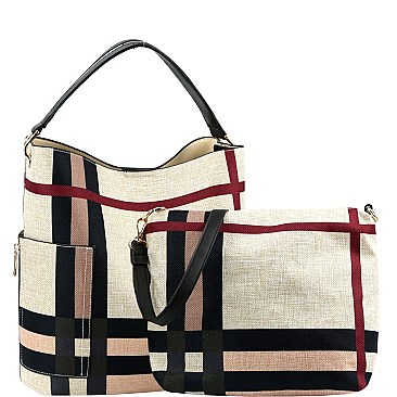 2 in 1 Checker Plaid Print Linen Side Pocket Hobo