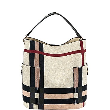 2 in 1 Checker Plaid Print Linen Side Pocket Hobo