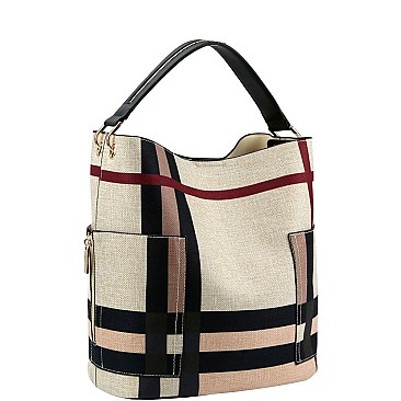 2 in 1 Checker Plaid Print Linen Side Pocket Hobo