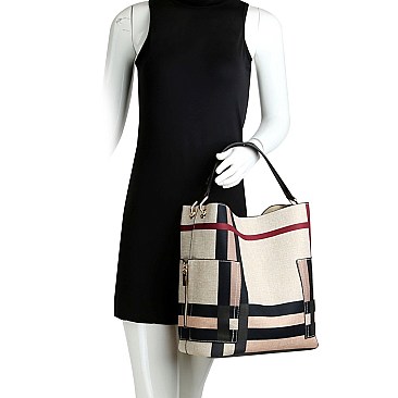 2 in 1 Checker Plaid Print Linen Side Pocket Hobo