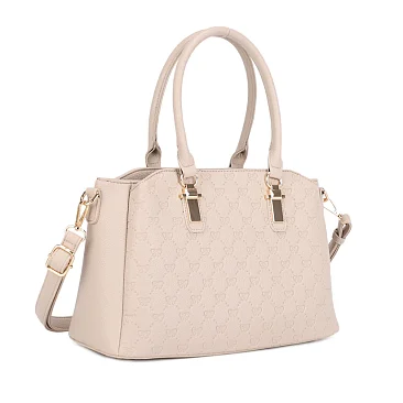beige Embossed Multi-Compartment Satchel Bag