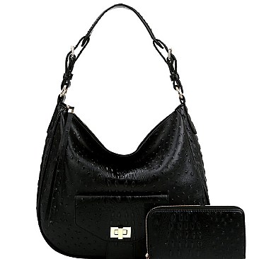 2-Way Turn-Lock Accent Ostrich Print Hobo Wallet SET