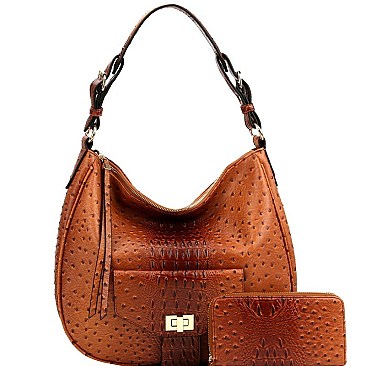 2-Way Turn-Lock Accent Ostrich Print Hobo Wallet SET