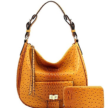 2-Way Turn-Lock Accent Ostrich Print Hobo Wallet SET