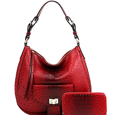 2-Way Turn-Lock Accent Ostrich Print Hobo Wallet SET