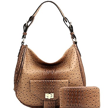 2-Way Turn-Lock Accent Ostrich Print Hobo Wallet SET