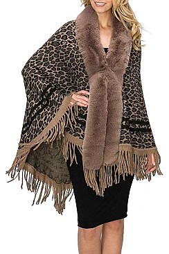 PACK OF 6PCS ASSORTED COLOR SOFT FUR COLLAR LEOPARD PATTERN PONCHO