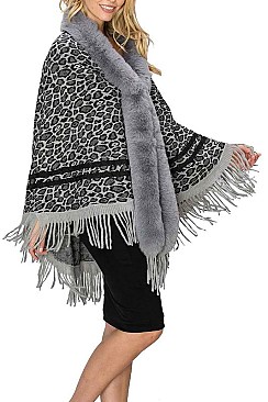 PACK OF 6PCS ASSORTED COLOR SOFT FUR COLLAR LEOPARD PATTERN PONCHO