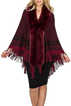 PACK OF 6PCS ASSORTED COLOR SOFT FUR COLLAR LEOPARD PATTERN PONCHO