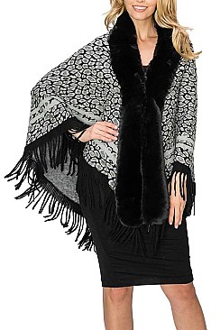 PACK OF 6PCS ASSORTED COLOR SOFT FUR COLLAR LEOPARD PATTERN PONCHO