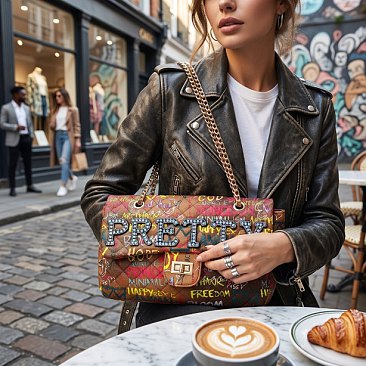 Large-Size Quilted Graffiti Bag with Crystal-stoned word "PRETTY"