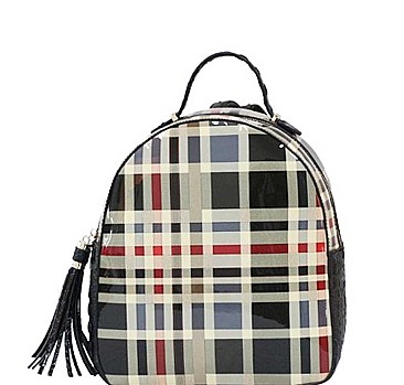 TRENDY GLOSSY CHECK TASSEL BACKPACK