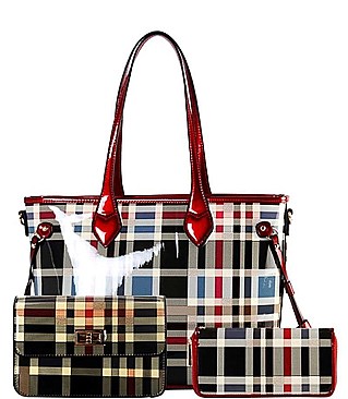 3 IN 1 GLOSSY PLAID CHECK SHOPPER CROSSBODY AND WALLET SET