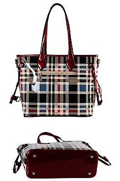 3 IN 1 GLOSSY PLAID CHECK SHOPPER CROSSBODY AND WALLET SET