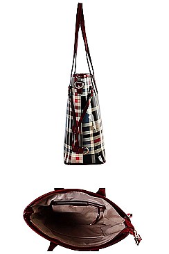 3 IN 1 GLOSSY PLAID CHECK SHOPPER CROSSBODY AND WALLET SET