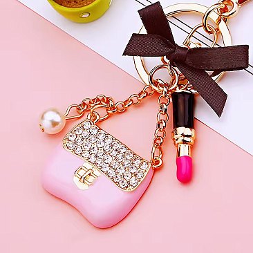pink Keychain and Lipstick Bow Charm Pendant Kawaii Women's Metal Bag Keychain