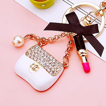 white Fashion Purse & Lipstick Charm Keychain