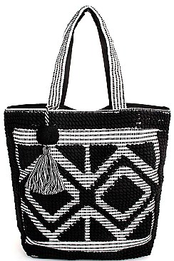 STYLISH FABRIC WOVEN AND TASSEL TOTE BAG