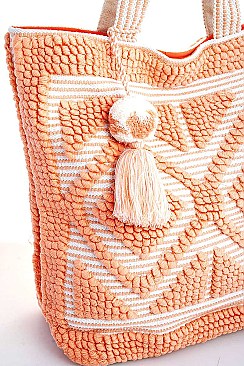 STYLISH FABRIC WOVEN AND TASSEL TOTE BAG