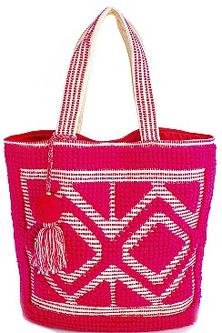 STYLISH FABRIC WOVEN AND TASSEL TOTE BAG