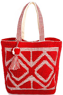 STYLISH FABRIC WOVEN AND TASSEL TOTE BAG