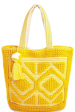STYLISH FABRIC WOVEN AND TASSEL TOTE BAG