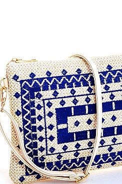 TRENDY CHIC NATURAL WOVEN CLUTCH WITH LONG STRAP