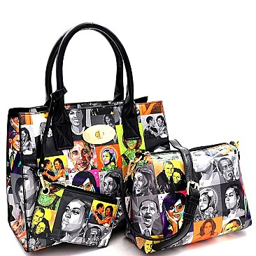 3 in 1 Turn-Lock Pop Art Magazine Print Deco Satchel