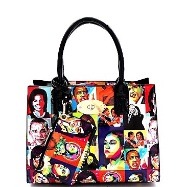 3 in 1 Turn-Lock Pop Art Magazine Print Deco Satchel