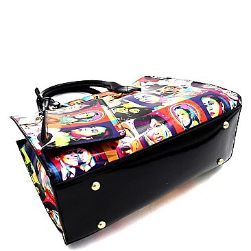 3 in 1 Turn-Lock Pop Art Magazine Print Deco Satchel