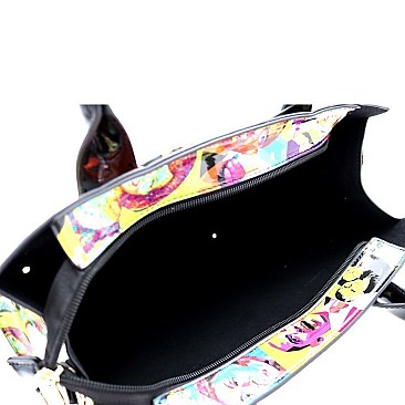 3 in 1 Turn-Lock Pop Art Magazine Print Deco Satchel