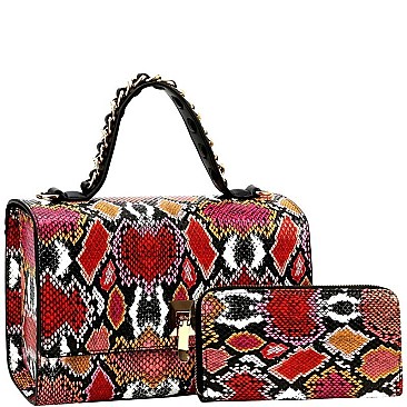 Flip-lock 2-Way Snake Print Box Satchel